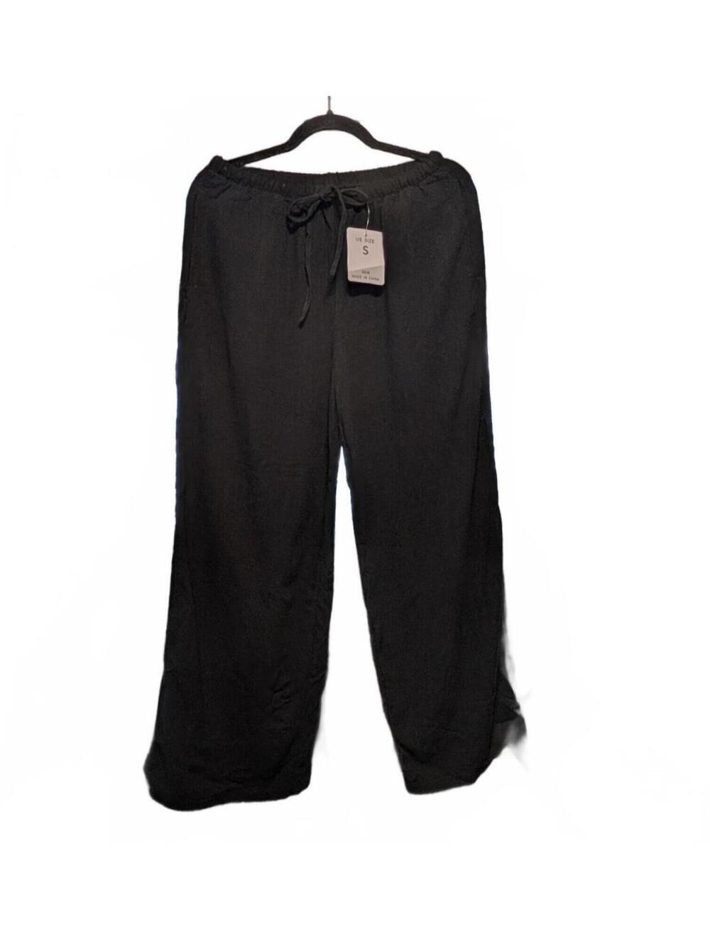 Linen Blend Black Drawstring Wide Leg Pants Size S